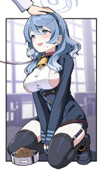1girl 1other ako_(blue_archive) animal_collar bell black_footwear black_gloves black_thighhighs blue_archive blue_coat blue_eyes blue_hair blue_hairband blush bowl breasts coat collar earrings garter_straps gloves hairband half_gloves halo headpat highres inqm_yuzca jewelry kneeling large_breasts leash long_sleeves looking_up neck_bell open_mouth pet_bowl shoes sideboob steam thighhighs rating:Sensitive score:17 user:danbooru