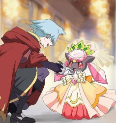  10s 1boy 1girl blue_hair cape creatures_(company) crown diancie dress game_freak gen_6_pokemon happy kneeling legendary_pokemon mayapazoo mythical_pokemon nintendo pokemon pokemon_(creature) pokemon_oras size_difference smile steven_stone  rating:General score:11 user:Chocolate_Chum