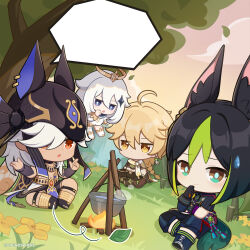  1girl 3boys absurdres aether_(genshin_impact) ahoge animal_ear_fluff animal_ears black_hair black_pants blank_speech_bubble blonde_hair blue_eyes blue_pupils boots braid braided_ponytail bright_pupils brown_gloves brown_pants chibi closed_mouth cloud commentary cropped_shirt cyno_(genshin_impact) dark-skinned_male dark_skin dot_nose earrings egyptian_clothes english_commentary falling_leaves fire floating flower genshin_impact gloves green_hair grey_hair hair_between_eyes hair_ornament hair_over_one_eye halo hands_up highres jewelry leaf long_hair long_sleeves looking_at_viewer multicolored_hair multiple_boys no_mouth official_art on_grass outdoors paimon_(genshin_impact) pants pelvic_curtain puffy_long_sleeves puffy_sleeves red_eyes sitting speech_bubble steam streaked_hair sweatdrop tail tighnari_(genshin_impact) tree very_long_hair vision_(genshin_impact) white_footwear white_pupils yellow_eyes yellow_flower 