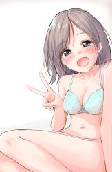  1girl absurdres amijou_harami aqua_bra aqua_panties bare_legs blush bra breasts cleavage collarbone commentary feet_out_of_frame grey_hair highres looking_at_viewer medium_breasts navel original panties simple_background sitting smile solo stomach underwear underwear_only v white_background 