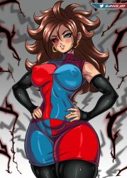  1girl absurdres android_21 blannis blue_eyes breasts brown_hair checkered_clothes covered_erect_nipples covered_navel curvy detached_sleeves dragon_ball earrings electricity female_focus hands_on_own_hips heterochromia highres jewelry large_breasts long_hair looking_at_viewer nail_polish parted_lips red_eyes ring solo thick_thighs thighs wide_hips 