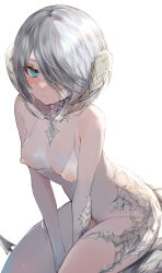  1girl au_ra bikini bikini_top_only blue_eyes blush bob_cut bottomless breasts closed_mouth covered_erect_nipples dragon_horns final_fantasy final_fantasy_xiv grey_hair hair_over_one_eye highres horns looking_at_viewer maho_moco nipples one_breast_out simple_background small_breasts solo swimsuit tail tears v_arms warrior_of_light_(ff14) white_background  rating:Questionable score:38 user:danbooru