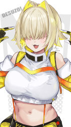 1girl :d ahoge black_gloves blonde_hair breasts clothing_cutout crop_top cropped_sweater elegg_(nikke) fang gloves goddess_of_victory:_nikke hair_intakes hair_over_eyes large_breasts long_bangs long_sleeves midriff multicolored_clothes multicolored_gloves multicolored_hair navel open_mouth short_hair shorts shoulder_cutout smile solo suspender_shorts suspenders two-tone_hair yellow_gloves yokane