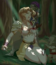  1990s_(style) 1girl arrow_(projectile) beimei blonde_hair blood blue_eyes cape colored_skin defeat detached_sleeves earrings final_fantasy final_fantasy_iv forest goblin green_skin guro highres injury jewelry knife leotard long_hair monster nature retro_artstyle rosa_farrell shoulder_pads stab tears tiara torn_clothes  rating:Questionable score:45 user:salarta