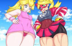  2girls absurdres arms_(game) artist_name bike_shorts bike_shorts_under_skirt blonde_hair blue_eyes blue_sky breasts cameltoe crown curvy earrings eloztoatl hands_on_own_hips highres jewelry large_breasts long_hair looking_at_viewer mario_(series) mario_tennis mario_tennis_aces mask multiple_girls muscular_legs nintendo nipples panties pantyshot ponytail princess_peach ribbon_girl_(arms) sky smile thick_thighs thighs thong toned underwear upskirt wristband 
