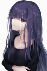  1girl asagami_fujino blunt_bangs breasts commentary_request crying crying_with_eyes_open highres kara_no_kyoukai large_breasts long_hair looking_at_viewer purple_hair red_eyes solo tears toomishou 