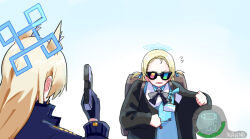  2girls angel&#039;s_24_uniform_(blue_archive) animal_ears apron backpack bag black_bow black_bowtie black_coat black_gloves blonde_hair blue_apron blue_archive bow bowtie bullet character_name coat commentary_request cosplay dog_ears extra_ears fighting_stance forehead from_behind gameplay_mechanics glock gloves gun hair_ribbon halo handgun heads-up_display holding holding_gun holding_weapon id_card kanna_(blue_archive) long_hair long_sleeves looking_at_another meetnox merchant_(resident_evil) merchant_(resident_evil)_(cosplay) multiple_girls open_clothes open_coat parody part_time_job parted_bangs police police_uniform policewoman resident_evil resident_evil_4 ribbon scene_reference shirt sidelocks simple_background sora_(blue_archive) sunglasses two_side_up uniform weapon white_background white_shirt 
