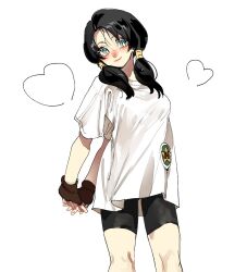 1girl bike_shorts black_hair blue_eyes breasts closed_mouth dragon_ball dragonball_z fingerless_gloves gloves long_hair looking_at_viewer medium_breasts shirt simple_background smile solo talesofmea twintails videl white_background white_shirt