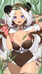  1girl alexalap animal_ears arm_garter bamboo bamboo_forest bikini breasts brooch brown_hair brown_leotard cleavage commission earrings forest frilled_leotard frills gloves heart heart_brooch heart_earrings highres jewelry k_(art71) leotard long_hair multicolored_hair nature open_mouth panda_ears panda_girl pink_bikini pink_gloves purple_eyes single_glove skeb_commission solo strapless strapless_leotard swimsuit teeth thank_you twitter_username two-tone_hair upper_teeth_only vdonburi virtual_youtuber white_hair 