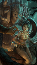  1boy 1girl absurdres breasts claws cleavage fangs highres jewelry league_of_legends monster_boy namae_shifuta necklace nidalee rengar septimius_ferdian tribal 