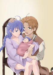  1boy 2girls baby blue_hair breasts brown_hair cleavage father_and_daughter highres holding husband_and_wife lara_greyrat legs mother_and_daughter multiple_girls mushoku_tensei roxy_migurdia rudeus_greyrat sitting tagme  rating:General score:19 user:xnsplay