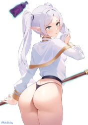  1girl ass blue_eyes bottle earrings elf frieren highres holding holding_staff jewelry long_hair long_sleeves looking_at_viewer looking_back nutsbutty pointy_ears shirt solo sousou_no_frieren staff thong twintails white_background white_hair white_shirt  rating:Sensitive score:61 user:danbooru