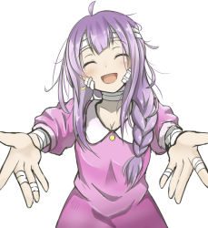 10s 1girl ahoge bandaged_head bandaged_leg bandaged_neck bandages blush braid closed_eyes earrings happy_sugar_life highres imori_neko jewelry long_hair looking_at_viewer open_mouth outstretched_arms pajamas purple_hair reaching reaching_towards_viewer satou&#039;s_aunt smile solo rating:Sensitive score:16 user:Jazy