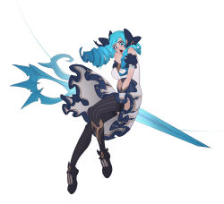 1girl ahoge bare_shoulders black_bow black_thighhighs blue_hair blush bow breasts detached_sleeves dress drill_hair grey_background gwen_(league_of_legends) hair_bow highres league_of_legends long_hair open_mouth qifeng_lin shoes simple_background smile solo teeth thighhighs twin_drills twintails upper_teeth_only rating:Sensitive score:3 user:danbooru