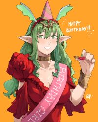  1girl alternate_costume alternate_hairstyle blush bracelet breasts cleavage collarbone commentary dress earrings english_commentary fingernails fire_emblem fire_emblem_awakening green_eyes green_hair green_nails grin hair_between_eyes hair_ornament happy_birthday hat highres jewelry long_hair nintendo party_hat pointy_ears red_dress sakuremi short_sleeves signature simple_background smile solo tiki_(fire_emblem) wavy_hair yellow_background 