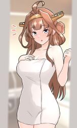  1girl ahoge blurry blurry_background breasts brown_hair cleavage closed_mouth collarbone cowboy_shot double_bun furaggu_(frag_0416) grey_eyes hair_bun headgear highres indoors kantai_collection kongou_(kancolle) kongou_kai_ni_(kancolle) large_breasts long_hair naked_towel solo standing surprised towel 