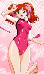 1girl asahina_yurina athletic_leotard ballet_slippers blush covered_erect_nipples covered_navel gradient_background green_eyes half-soles juggling_club leotard long_hair looking_at_viewer non-web_source open_mouth patterned_background photoshop_(medium) pink_background red_hair solo super_real_mahjong tanaka_ryou twintails rating:Sensitive score:25 user:danbooru