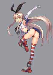  10s 1girl anchor_hair_ornament ass black_panties blonde_hair crop_top crop_top_overhang elbow_gloves from_behind full_body gloves grey_background grin hair_ornament hairband highleg highleg_panties huazang kantai_collection long_hair looking_at_viewer looking_back microskirt midriff outstretched_arms panties sailor_collar shimakaze_(kancolle) shirt simple_background skirt sleeveless sleeveless_shirt smile solo striped_clothes striped_thighhighs thighhighs thong underwear very_long_hair white_gloves yellow_eyes  rating:Sensitive score:34 user:danbooru