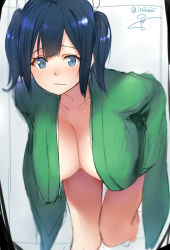 10s 1girl bare_legs blue_eyes blue_hair blurry blush breasts cleavage collarbone depth_of_field embarrassed eyebrows female_focus full-face_blush hair_between_eyes hanging_breasts isshiki_(ffmania7) japanese_clothes kantai_collection large_breasts leaning leaning_forward legs looking_at_viewer matching_hair/eyes short_hair shy signature solo souryuu_(kancolle) standing standing_on_one_leg thighs twintails twitter_username two_side_up undressing wavy_mouth rating:Questionable score:15 user:danbooru
