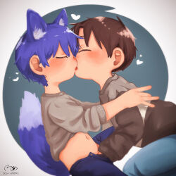  2boys animal_ears blue_hair blush child_on_child closed_eyes clothes_lift commentary_request couple extra_ears fox_ears fox_tail groping hand_in_pants hand_under_clothes heart highres imminent_anal imminent_penetration kemonomimi_mode kiss korean_commentary long_sleeves male_focus moi_go_moim multiple_boys navel original pants shirt_lift shota simple_background tail yaoi  rating:Questionable score:83 user:danbooru