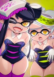  +_+ 2girls :d arms_behind_back black_hair breasts callie_(splatoon) cleavage cousins detached_collar earrings female_focus food food_on_head gloves gluteal_fold gradient_background grey_hair highres inkling jewelry leaning_forward leotard long_hair looking_at_viewer marie_(splatoon) medium_breasts mole mole_under_eye multiple_girls muramasa_mikado nintendo object_on_head one_eye_closed open_mouth pointy_ears short_hair smile splatoon_(series) standing strapless strapless_leotard suction_cups sushi teeth tentacle_hair thick_thighs thighhighs thighs tongue white_gloves wide_hips wink yellow_eyes  rating:Sensitive score:64 user:ImWastingMyLife