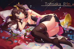 1girl atdan bad_id bad_pixiv_id bed black_hair blue_eyes breasts fate/stay_night fate_(series) flower hair_ribbon long_hair long_legs lying on_side panties ribbon smile solo thighhighs tohsaka_rin twintails two_side_up underwear rating:Questionable score:50 user:danbooru