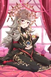 1girl :d absurdres alfonse_(fire_emblem) armor artist_name black_cape black_pants blunt_bangs breasts cape character_doll chibi cleavage crown curtains detached_sleeves dragalia_lost fire_emblem fire_emblem_heroes glint gold_trim grey_hair hair_ornament headpiece highres huge_filesize indoors long_hair nintendo open_mouth pants red_eyes red_footwear scale_armor sitting small_breasts smile star_(symbol) veronica_(fire_emblem) wariza wavy_hair window xereane 