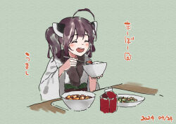  1girl :d ^_^ ahoge blush bowl brown_hair closed_eyes commentary_request dated facing_viewer food food_request green_background headgear holding holding_bowl holding_spoon japanese_clothes kimono lamb_(hitsujiniku) long_sleeves open_mouth plate simple_background smile solo spoon table touhoku_kiritan translation_request twintails upper_body voiceroid white_kimono wide_sleeves 