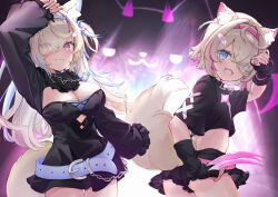  2girls alternate_color amakumo517 animal_ears ass bandaid bandaid_hair_ornament belt belt_collar black_collar black_dress black_shirt black_shorts blonde_hair blue_belt blue_eyes blue_hair blue_nails blush breasts claw_(weapon) cleavage closed_mouth collar dog_ears dog_girl dog_tail dress eyes_visible_through_hair fang fuwawa_abyssgard fuwawa_abyssgard_(1st_costume) hair_ornament hair_over_one_eye hairpin highres hololive hololive_english large_breasts long_hair looking_at_viewer medium_hair mococo_abyssgard mococo_abyssgard_(1st_costume) multicolored_hair multiple_girls nail_polish open_mouth perroccino_(fuwamoco) pink_belt pink_eyes pink_hair pink_nails shirt short_dress short_shorts shorts siblings sisters skin_fang small_breasts smile spiked_collar spikes streaked_hair tail twins virtual_youtuber weapon x_hair_ornament 