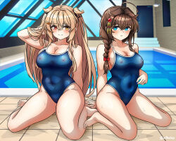  2girls ahoge arthur_ko barefoot blue_eyes blue_one-piece_swimsuit braid breasts brown_eyes cleavage commission competition_school_swimsuit covered_erect_nipples covered_navel hair_flaps hair_over_shoulder heterochromia highres indoors kantai_collection light_brown_hair long_hair medium_breasts multiple_girls murasame_(kancolle) one-piece_swimsuit pixiv_commission pool red_eyes rei_no_pool school_swimsuit shigure_(kancolle) shigure_kai_san_(kancolle) single_braid sitting swimsuit two_side_up wariza 