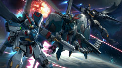  absurdres cape cloak crossbone_gundam crossbone_gundam_x-1 crossbone_gundam_x-2 crossbone_gundam_x-3 duan_henglong energy_sword explosion glowing glowing_eyes gun gundam highres jolly_roger lance mecha no_humans polearm realistic revision robot science_fiction signature skull_and_crossbones space sword torn_clothes weapon  rating:General score:7 user:danbooru