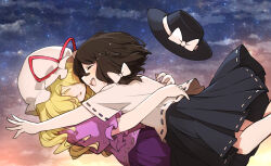  2girls :d black_hat black_skirt blonde_hair blouse bow ch00suke closed_eyes commentary_request falling fedora floating hat hat_bow highres hug long_hair maribel_hearn mob_cap multiple_girls open_mouth pleated_skirt puffy_short_sleeves puffy_sleeves purple_shirt purple_skirt shirt short_sleeves skirt sky smile taboo_japan_disentanglement teeth touhou upper_teeth_only usami_renko very_long_hair wavy_hair white_bow white_hat white_shirt 