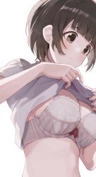 1girl blunt_bangs blush bob_cut bra breasts brown_eyes brown_hair cleavage clothes_lift highres hiroki_(yyqw7151) large_breasts lifting_own_clothes shirt shirt_lift short_hair simple_background skindentation underwear undressing white_background white_bra white_shirt rating:Questionable score:23 user:a-human