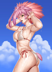  1girl animal_ears ass bikini bikini_pull blue_sky blush breasts clothes_pull covered_erect_nipples dyed_bangs floppy_ears from_behind green_eyes highres jacky_(aerial_rave) large_breasts looking_at_viewer looking_back open_mouth pink_hair rabbit_ears seraphita_(xenogears) shiny_skin short_hair skindentation sky solo standing strap_pull swimsuit wet white_bikini xenogears 