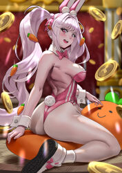  1girl :d alice_(nikke) alice_(wonderland_bunny)_(nikke) animal_ears ass bare_shoulders blush bowtie breasts carrot_hair_ornament cleavage coin collarbone detached_collar fake_animal_ears fake_tail food-themed_hair_ornament goddess_of_victory:_nikke hair_between_eyes hair_intakes hair_ornament leotard long_hair medium_breasts nose open_mouth pandawei pantyhose pink_bow pink_bowtie pink_eyes pink_hair pink_leotard playboy_bunny rabbit_ears rabbit_tail riding sideboob sidelocks sitting smile solo strapless strapless_leotard tail twintails white_pantyhose 