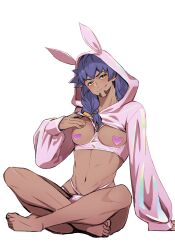  1boy animal_ears arm_support barefoot breast_cutout closed_mouth commentary_request creatures_(company) cropped_jacket facial_hair fake_animal_ears game_freak hand_up head_tilt highres hood hood_up hooded_jacket jacket knees leon_(pokemon) long_hair long_sleeves male_focus midriff navel nintendo pectorals pokemon pokemon_swsh purple_hair rabbit_ears sitting sleeves_past_wrists smile solo toes white_background yellow_eyes yunoru 