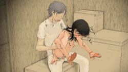  1boy 1girl age_difference anan_shokudow arm_support bar_censor black_hair blush boku_no_aisuru_inaka_no_shoujo censored closed_eyes clothed_male_nude_female flat_chest grey_hair grey_pants hair_behind_ear hetero indoors leg_grab loli long_hair nipples no_eyes nude old old_man older_man_and_younger_girl one-piece_tan open_mouth original pants penis pussy reverse_upright_straddle sandals sex sex_from_behind shirt short_sleeves spread_legs sweat tan tanline translation_request vaginal white_shirt 
