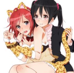  10s 2girls animal_ears animal_print bad_id bad_pixiv_id bandeau bare_shoulders bdsm bespectacled black_hair blazer blush bondage bound bound_wrists cat_ears detached_sleeves fake_animal_ears femdom finger_in_another&#039;s_mouth formal glasses highres jacket leopard_ears leopard_print long_hair love_live! love_live!_school_idol_festival love_live!_school_idol_project multiple_girls nishikino_maki open_mouth pencil_skirt purple_eyes red_eyes red_hair restrained short_hair skirt smile sorimachi-doufu sweat tail tail_grab tank_top teacher tears tiger_ears tiger_print tiger_tail twintails yazawa_nico yuri  rating:Questionable score:93 user:danbooru