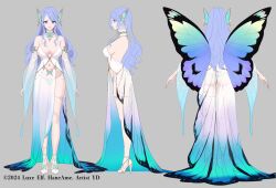  1girl artist_name ass bare_shoulders blue_eyes blue_hair breasts butt_crack butterfly_wings cleavage commentary_request detached_collar dress from_behind from_side full_body gradient_clothes grey_background highres insect_wings lips lipstick long_hair long_sleeves looking_at_viewer makeup medium_breasts multiple_views navel original panties pointy_ears see-through standing stomach thigh_strap thighs turnaround underwear wide_sleeves wings yd_(orange_maru)  rating:Sensitive score:11 user:danbooru