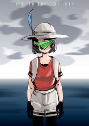  10s 1girl absurdres backpack bag black_gloves black_hair black_pantyhose blurry blurry_background bucket_hat cloud cloudy_sky commentary covered_face cowboy_shot day depth_of_field english_text facing_viewer fine_art_parody gloves grey_shorts hat hat_feather highres horizon jiuzhua-rio kaban_(kemono_friends) kemono_friends le_fils_de_l&#039;homme ocean outdoors pantyhose paper_airplane parody red_shirt shirt short_hair shorts sky solo standing the_son_of_man title_parody 