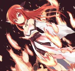 10s 1girl bare_shoulders breasts dark_background date_a_live dress fire hair_ornament itsuka_kotori long_hair looking_at_viewer red_eyes red_hair rianwzl small_breasts solo twintails very_long_hair weapon wide_sleeves rating:Sensitive score:12 user:danbooru
