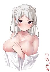  1girl alternate_costume armpit_crease bare_shoulders blush breasts chestnut_mouth commentary_request conte_di_cavour_(kancolle) grey_hair highres kantai_collection large_breasts long_hair naked_shirt one-hour_drawing_challenge open_mouth purple_eyes shirt shirt_partially_removed simple_background solo tf_cafe twintails twitter_username upper_body white_background 