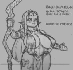  1girl blush breasts circlet cleavage dumpling_(race) earrings elf high_elf hobbit_(race) huge_breasts hybrid jewelry long_hair mikeymegamega navel pointy_ears priestess shortstack sketch smile staff translucent_hair  rating:Questionable score:25 user:Sonofgaia