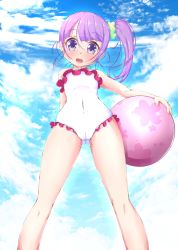 1girl :d arm_behind_back ball bare_legs blue_sky blush cameltoe cleft_of_venus cloud cloudy_sky covered_navel day ether_core female_focus flat_chest frilled_swimsuit frills from_below gluteal_fold hair_ornament hair_scrunchie highres legs_apart loli looking_down manaka_non one-piece_swimsuit open_mouth outdoors pretty_series pripara purple_eyes purple_hair scrunchie side_ponytail sky smile solo standing swimsuit thighs white_one-piece_swimsuit rating:Questionable score:92 user:Domestic_Importer