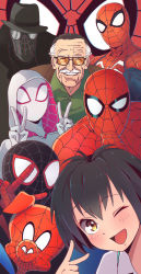 2girls 5boys ;d absurdres black_hair bodysuit chromatic_aberration closed_eyes double_v facial_hair fedora gwen_stacy hat highres hood hooded_bodysuit kukie-nyan looking_at_viewer marvel multiple_boys multiple_girls mustache one_eye_closed open_mouth peni_parker real_life smile spider-gwen spider-ham spider-man spider-man:_into_the_spider-verse spider-man_(series) spider-man_noir spider-verse stan_lee sunglasses superhero_costume v