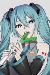  blue_eyes blue_hair blue_nails eating grey_background hatsune_miku highres nail_polish pale_skin spring_onion twintails vocaloid  rating:General score:6 user:danbooru