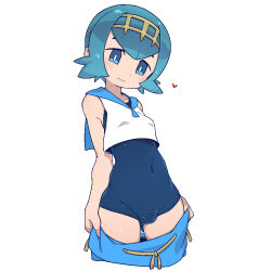  1boy blue_eyes blue_hair blush breasts bulge closed_mouth collarbone commentary_request covered_navel creatures_(company) cropped_legs dot_nose game_freak genderswap genderswap_(ftm) gluteal_fold head_tilt lana_(pokemon) looking_at_viewer medium_hair nintendo omiya_(louise-louis-lucille) one-piece_swimsuit pokemon pokemon_sm sailor_collar simple_background sleeveless small_breasts solo swimsuit tareme thick_thighs thighs trap white_background  rating:Questionable score:107 user:danbooru