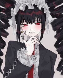 1girl black_hair black_jacket black_nails celestia_ludenberg center_frills claw_ring danganronpa:_trigger_happy_havoc danganronpa_(series) drill_hair earrings frills gothic_lolita grey_background grin hand_up highres jacket jewelry lolita_fashion nail_polish necktie open_clothes open_jacket raimu_(ai61107) red_eyes red_necktie simple_background smile solo teeth twin_drills twintails upper_body white_background rating:General score:9 user:danbooru