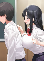 1boy 1girl black_hair black_skirt blurry blurry_background blush bow bowtie breasts breasts_on_another&#039;s_back closed_mouth collared_shirt commentary commentary_request from_side kaisen_chuui large_breasts long_hair long_sleeves looking_at_another original parted_lips purple_eyes red_bow red_bowtie shirt shirt_tucked_in sidelocks skirt smile solo_focus translated white_shirt rating:Sensitive score:55 user:danbooru