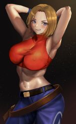  1girl armpits arms_behind_head blonde_hair blue_eyes blue_mary blush breasts covered_erect_nipples denim fatal_fury grin highres jeans large_breasts legs looking_at_viewer midriff navel pants short_hair smile snk solo the_king_of_fighters thighs toned 